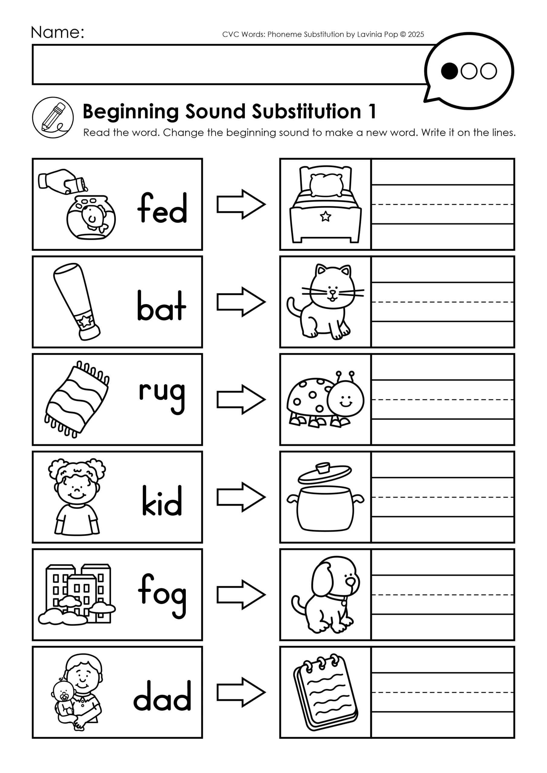 Beginning Sound Substitution Worksheet for CVC Word Phoneme Practice CVC Word Phoneme Substitution Worksheet for beginning sound changes where students read a CVC word, change the first sound, and write the new word