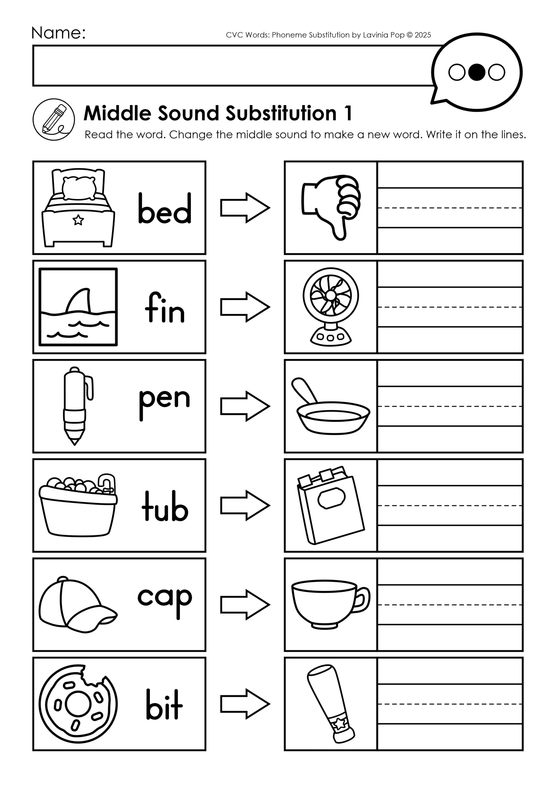 Middle Sound Substitution Worksheet for CVC Word Phoneme Substitution Practice CVC Word Phoneme Substitution Worksheet for changing middle vowel sounds to create new CVC words and strengthen decoding and spelling
