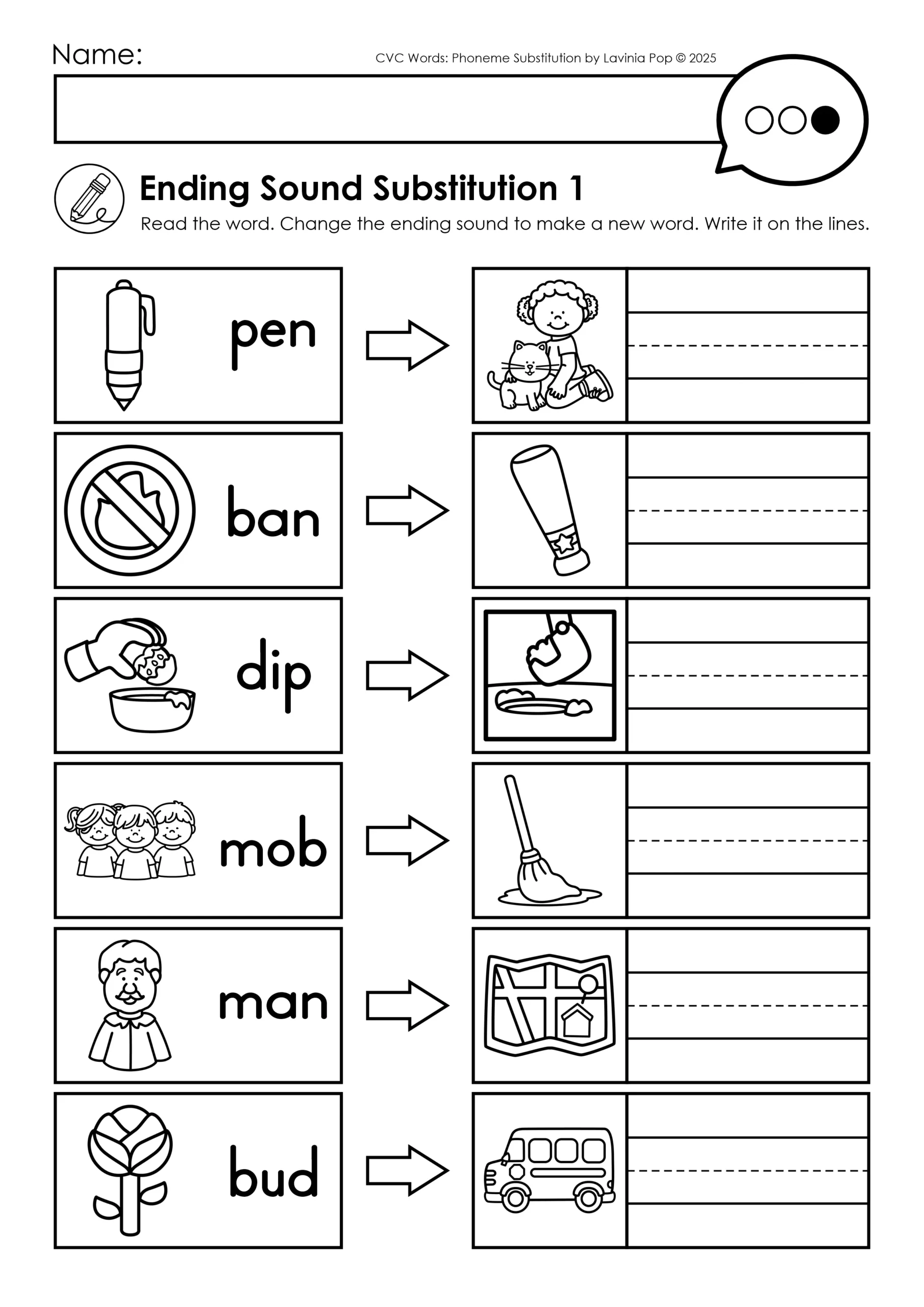Ending Sound Substitution Worksheet for CVC Word Phoneme Substitution CVC Word Phoneme Substitution Worksheet where students change the ending sound to form a new CVC word and write it on the lines