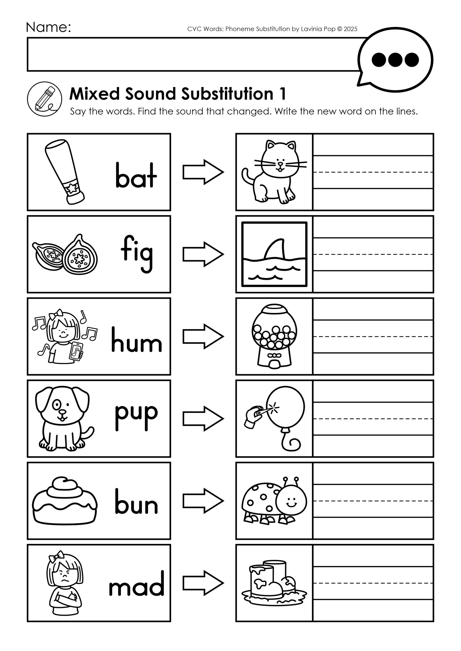 Mixed Sound Substitution Worksheets for CVC Word Phoneme Practice CVC Word Phoneme Substitution Worksheets with mixed beginning, middle, and ending sound changes to help kindergarten students build phonemic awareness