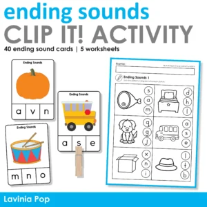 Ending sounds worksheet for kindergarten featuring pictures of fox, web, ball, cat, drum, and map with multiple-choice sound circles
