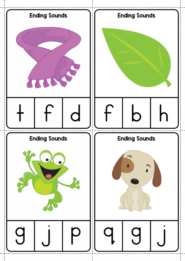 Ending sounds clip cards showing pictures of scarf, leaf, frog, and dog for phonics practice in preschool and kindergarten