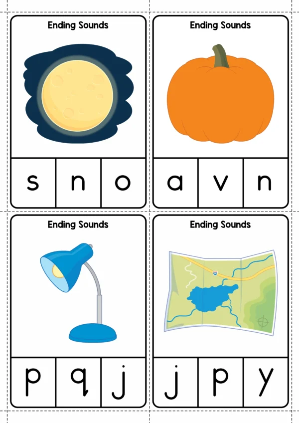 Ending sounds clip cards with pictures of moon, pumpkin, lamp, and map for hands-on phonics and sound identification