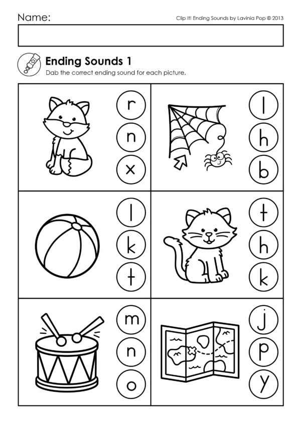 Printable ending sounds clip it activity for kindergarten with pumpkin, bus, drum, box, and hat phonics cards and worksheet page