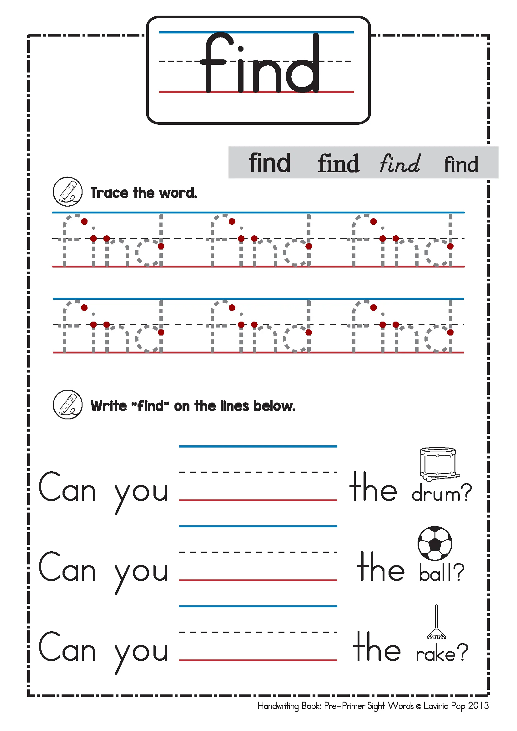 Pre-Primer Sight Word find Worksheet | Handwriting and Tracing Practice Sight word find worksheet with trace and write activities for early readers and writers