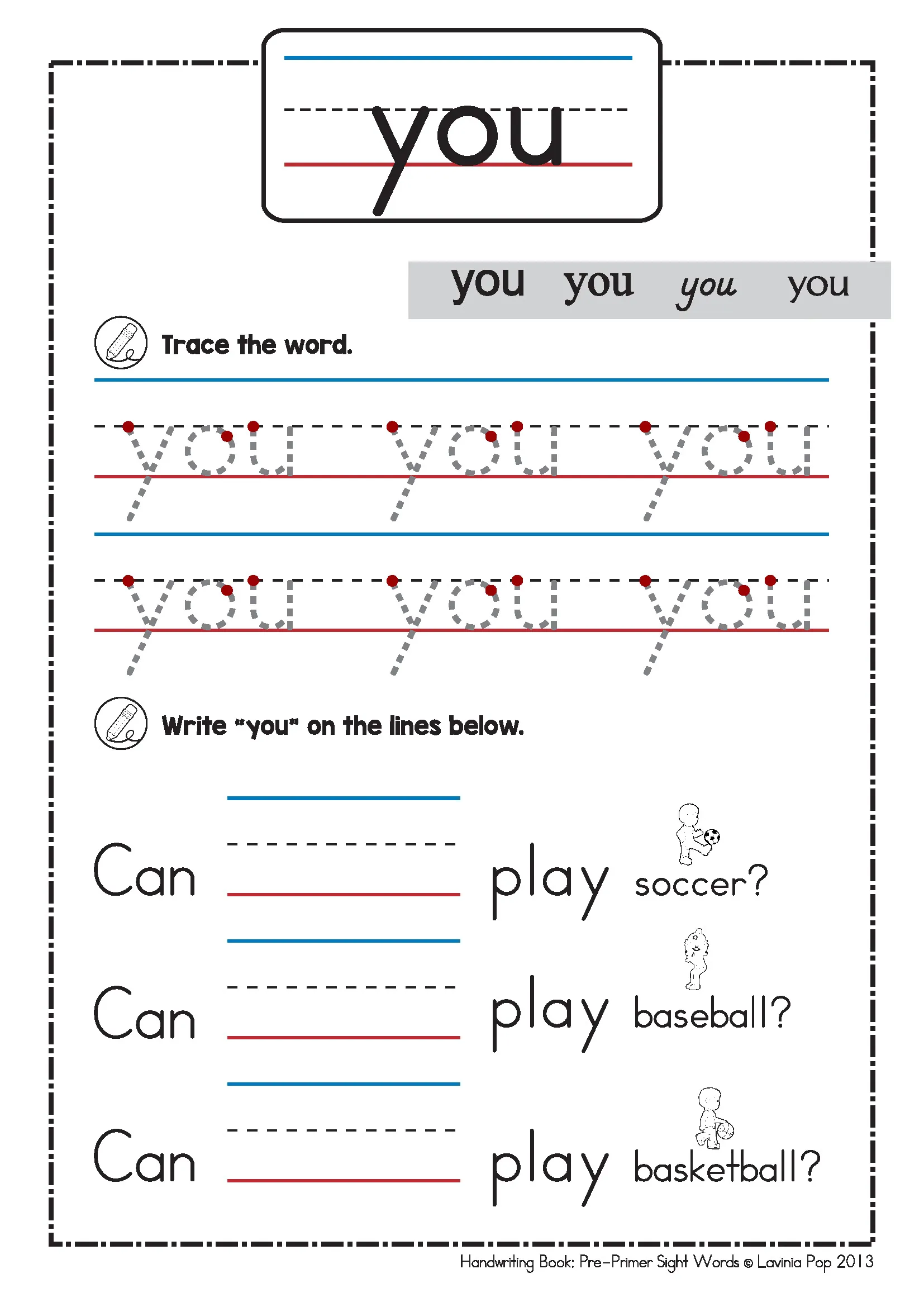 Pre-Primer Sight Word you Worksheet | Handwriting Practice for Kindergarten Sight word you worksheet with tracing and sentence writing featuring sports picture prompts