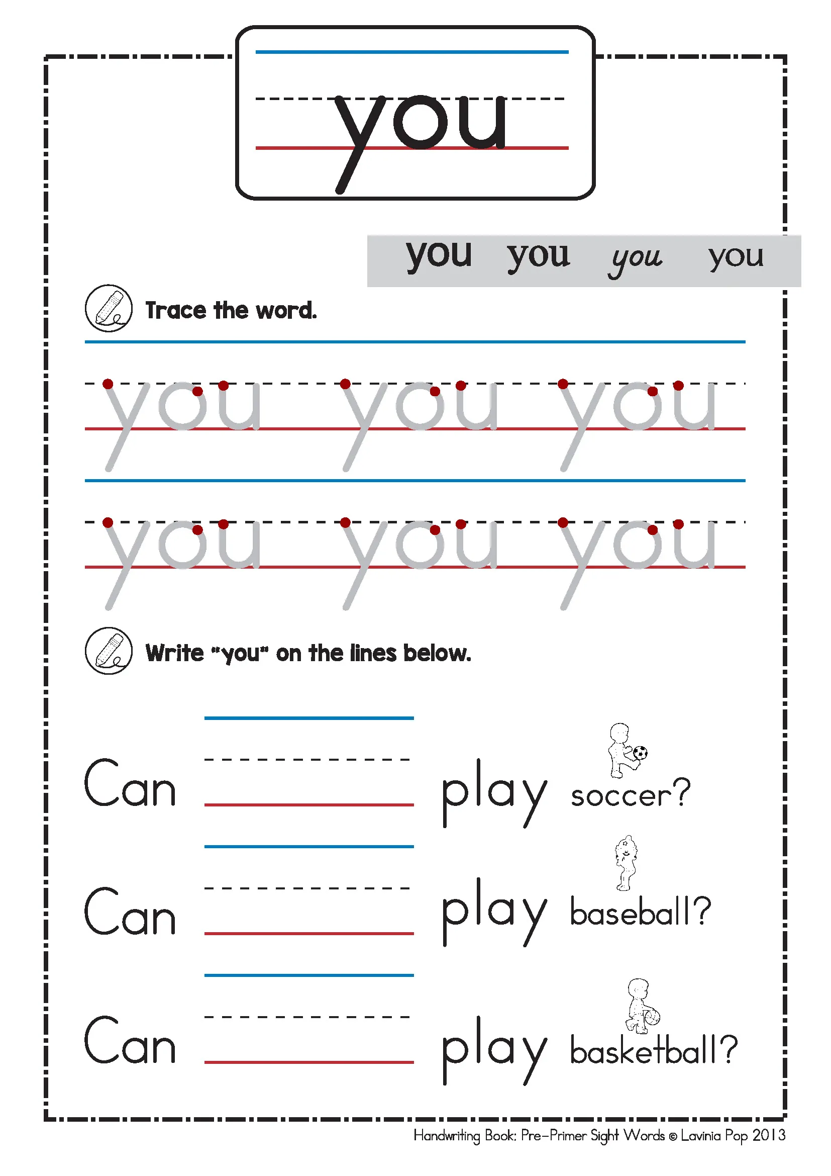 Sight Word you Tracing Worksheet | Pre-Primer Handwriting Practice Printable Printable handwriting worksheet for the sight word you with tracing and early reading sentences
