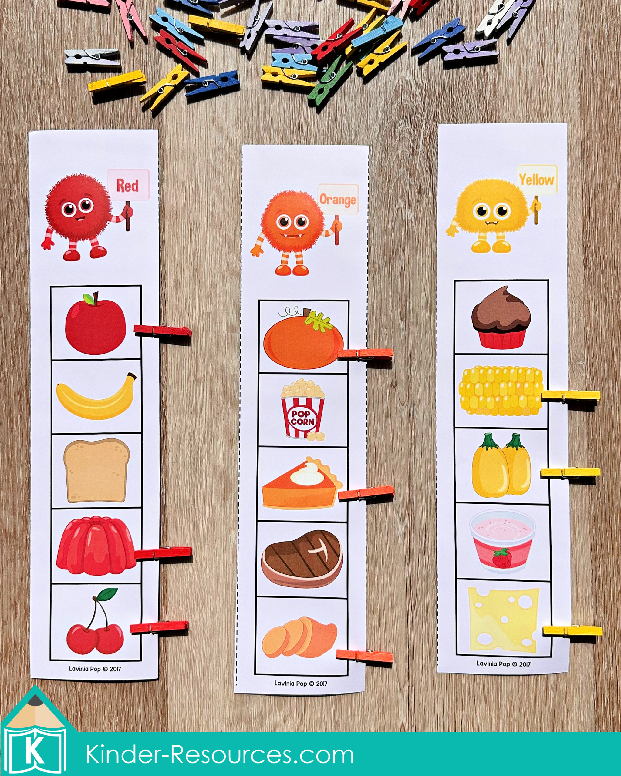 Thanksgiving Color Sorting Activity | Kindergarten Math Centers Thanksgiving color sorting activity from the Thanksgiving Math Centers for Kindergarten packet. Children clip matching colored foods—red, orange, and yellow—using small clothespins to strengthen fine motor skills and color recognition. Includes foods like apples, pumpkins, and corn. Perfect for fall-themed math or sorting centers.
