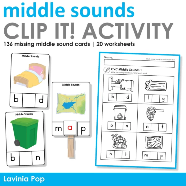 Printable CVC middle sounds clip cards and worksheet for Science of Reading phonics centers