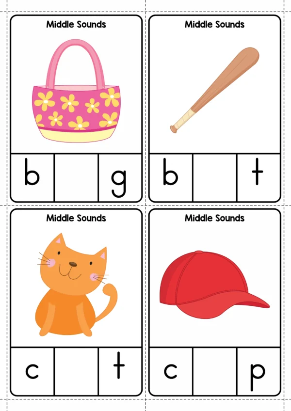 Printable CVC clip cards with short vowel middle sounds for preschool and kindergarten phonics centers