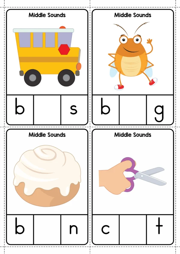 CVC middle sound clip cards with images and missing vowels for hands-on short vowel practice