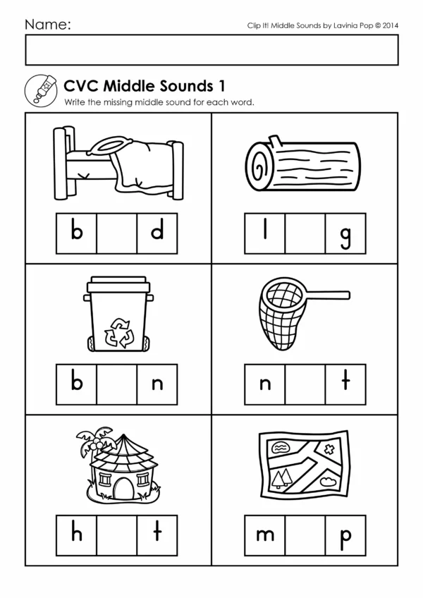 CVC middle sounds worksheet showing missing short vowels in CVC words for phonics and decoding practice