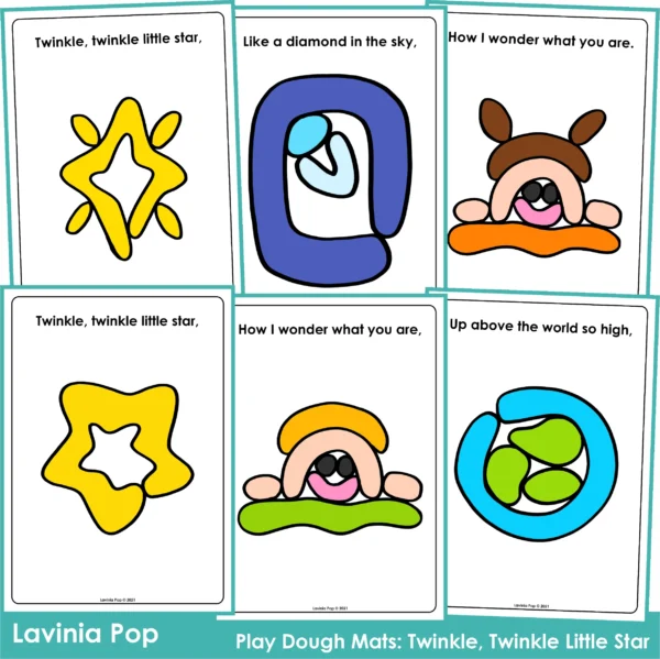 Twinkle Twinkle Little Star play dough mat showing the complete nursery rhyme with colorful shapes for preschool and kindergarten learning.