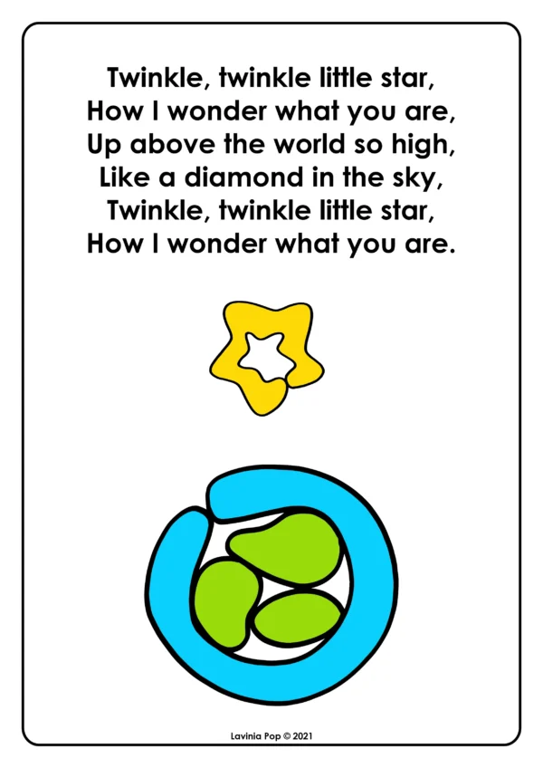Child’s hands shaping yellow play dough star on a Twinkle Twinkle Little Star nursery rhyme mat for fine motor and literacy practice.