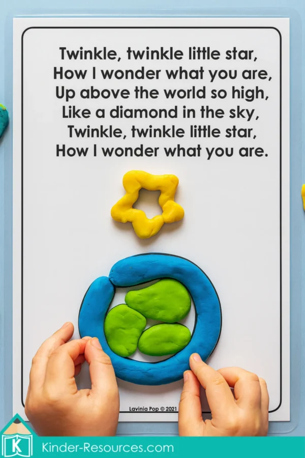 Twinkle Twinkle Little Star play dough mat with laminated page and colorful play dough shapes used for early learning activity.