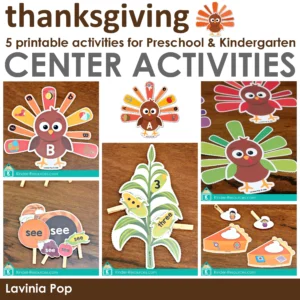 Thanksgiving preschool center activities including turkey alphabet letter match, corn counting numbers 1–10, cornucopia sight word matching, pumpkin pie shape sorting, and color feather matching for preschool and kindergarten students