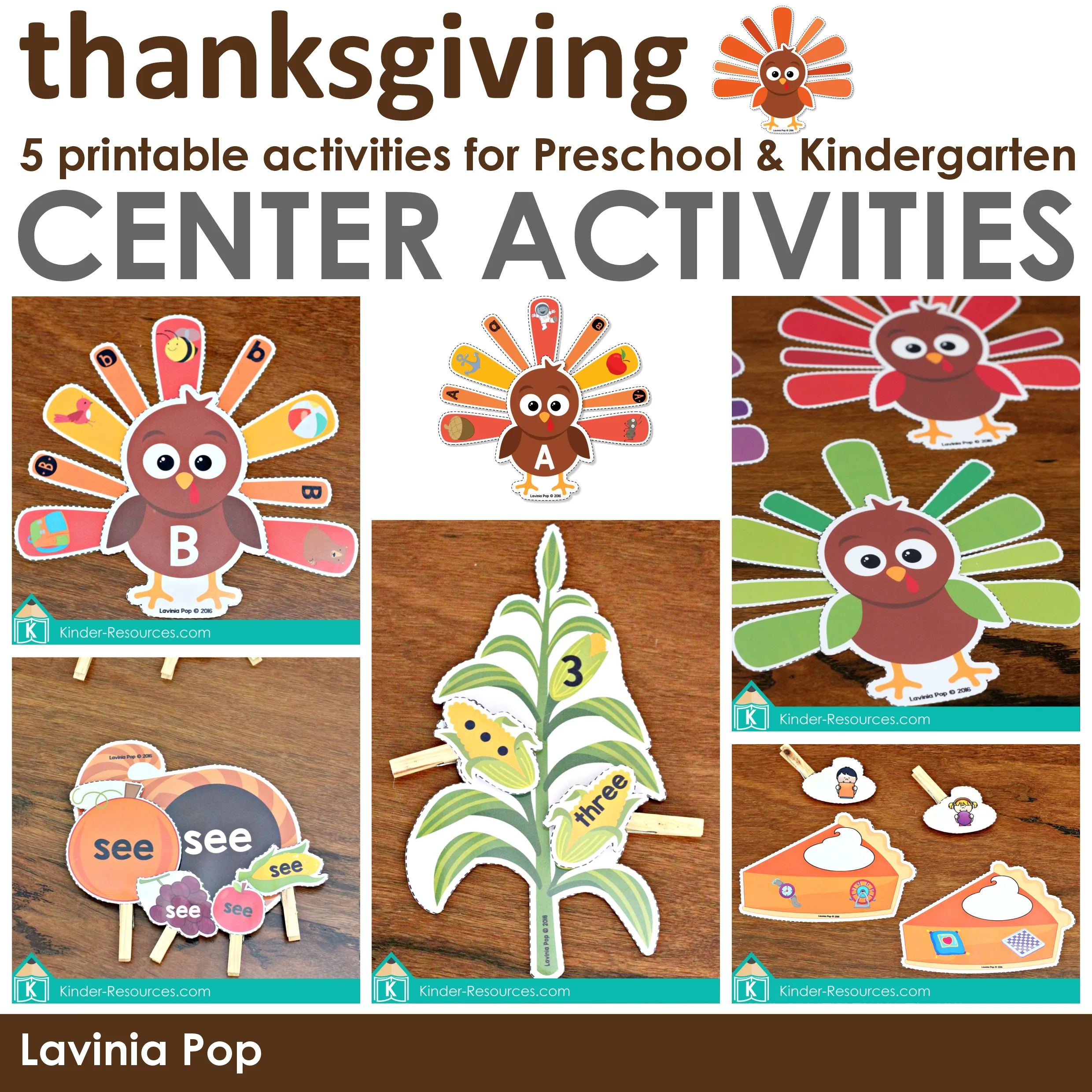 Thanksgiving Preschool Centers | Literacy, Math, and Fine Motor Activities for Preschool and Kindergarten Thanksgiving preschool center activities including turkey alphabet letter match, corn counting numbers 1–10, cornucopia sight word matching, pumpkin pie shape sorting, and color feather matching for preschool and kindergarten students