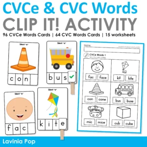 Clip It activity cards and worksheet from the CVC and CVCe Word Work Silent E pack showing students matching and reading words with and without the silent e.