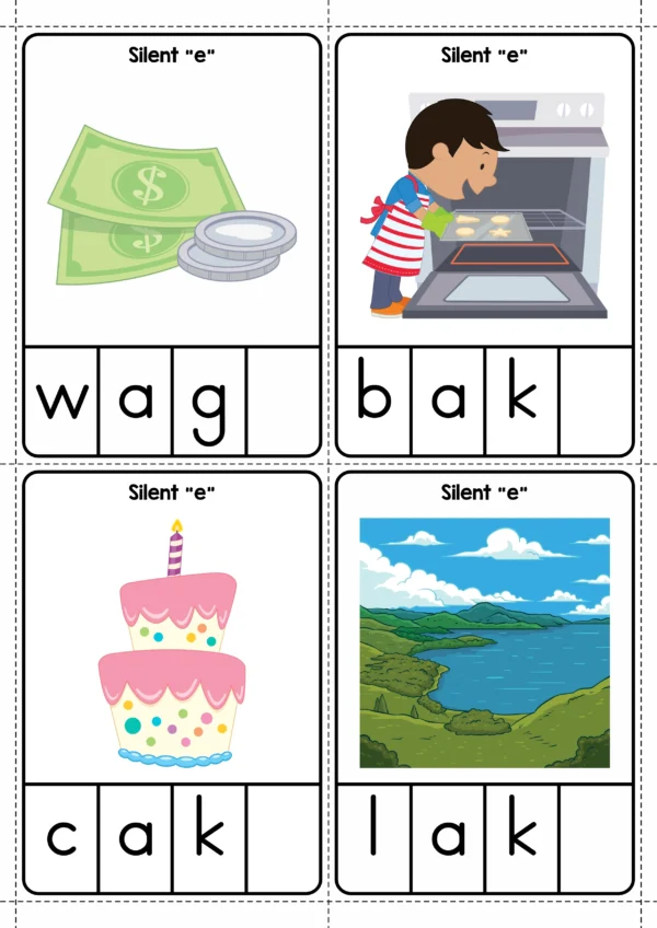 Printable CVCe activity cards for the CVC and CVCe Word Work Silent E pack featuring words bake, cake, lake, and money to practice the silent e rule.
