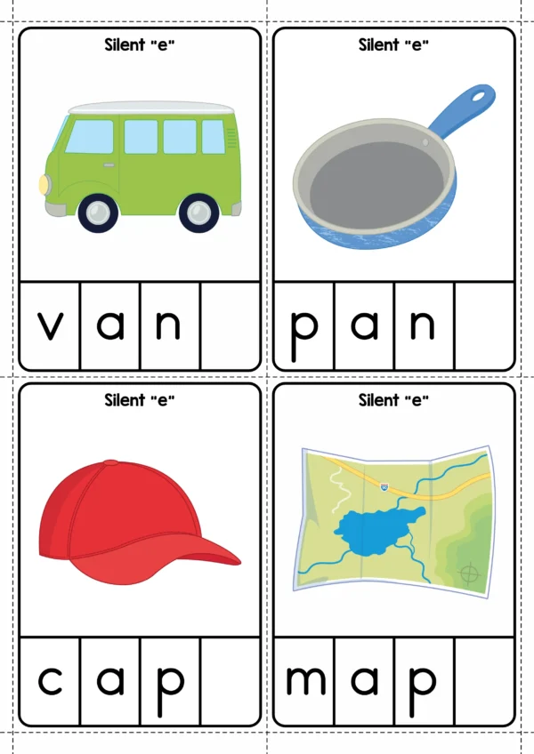CVC word cards from the CVC and CVCe Word Work Silent E phonics pack showing short vowel words van, pan, cap, and map for comparison practice.