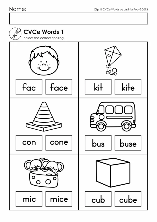 Black and white worksheet from the CVC and CVCe Word Work Silent E pack where students select the correct spelling of CVCe words like face, kite, and cube.