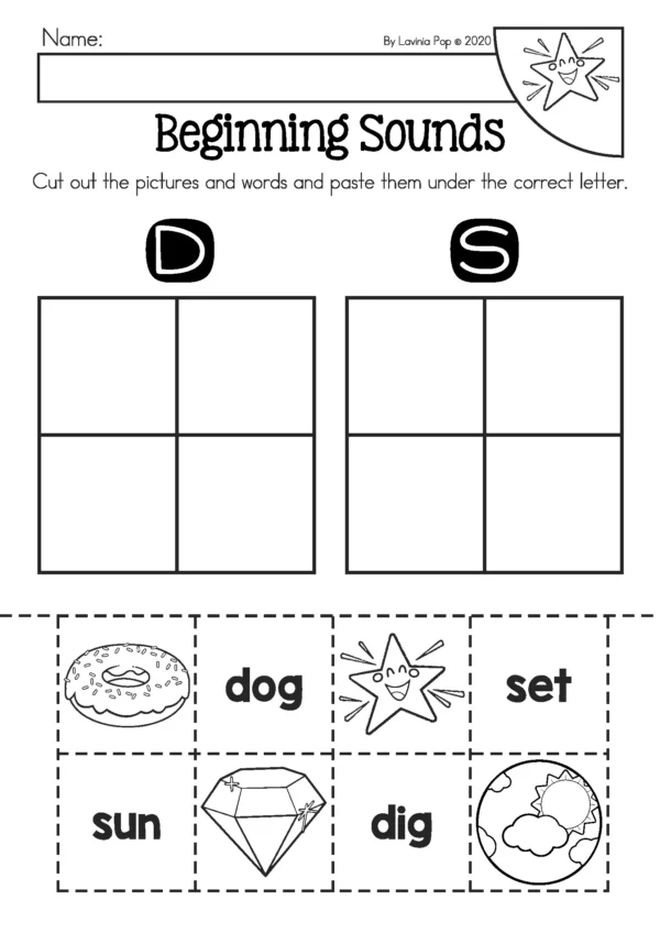 Free Twinkle Twinkle Little Star beginning sounds cut and paste worksheet sorting pictures and words under D and S, available in the free sample pack download