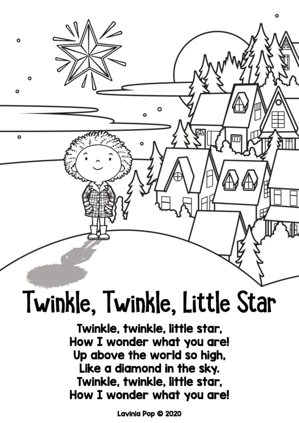 Free Twinkle Twinkle Little Star black and white nursery rhyme poster coloring page for preschool and kindergarten, included in the free sample pack download