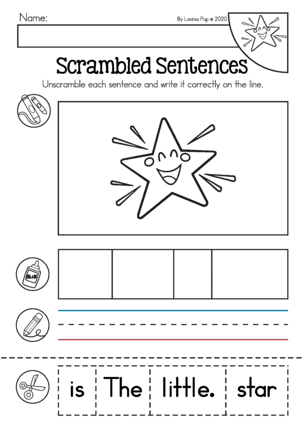 Free Twinkle Twinkle Little Star scrambled sentence cut and paste worksheet where children arrange words to form a sentence, included in the free download sample pack
