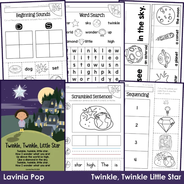 winkle Twinkle Little Star nursery rhyme activity packet preview collage showing posters, comprehension, sequencing, flip book, puppets, and word search worksheets for preschool and kindergarten