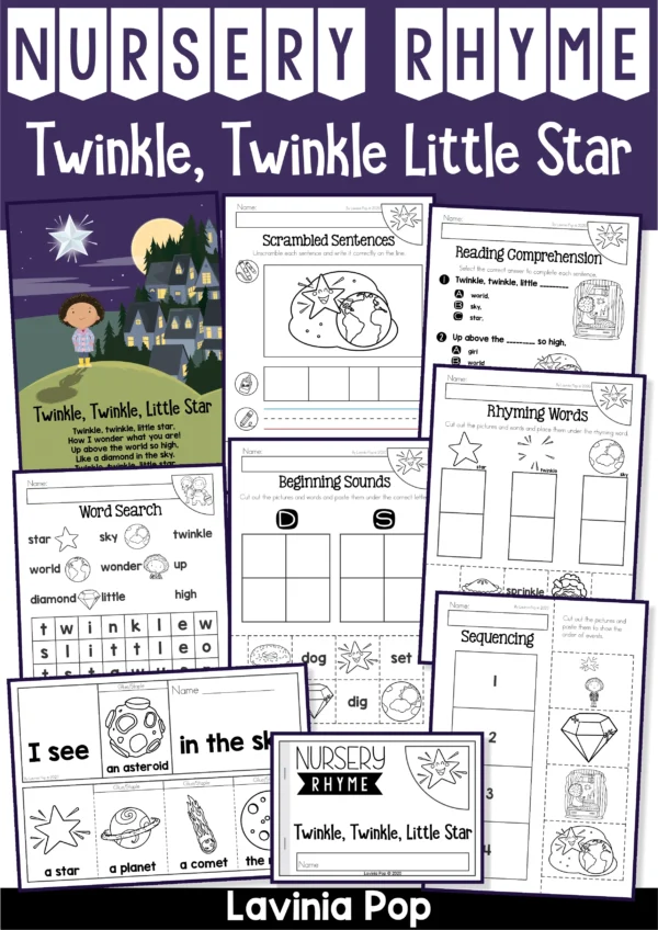 Twinkle Twinkle Little Star nursery rhyme printable worksheets preview page including mini book, comprehension, rhyming, sequencing, flip book, and puppets for preschool, kindergarten, and first grade