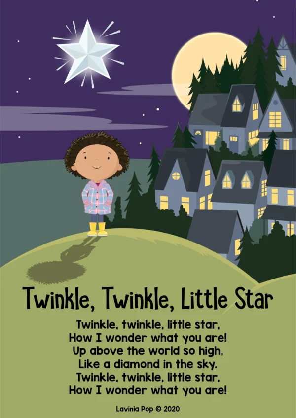 Twinkle Twinkle Little Star colorful poster with full nursery rhyme text for classroom display and group reading in preschool and kindergarten