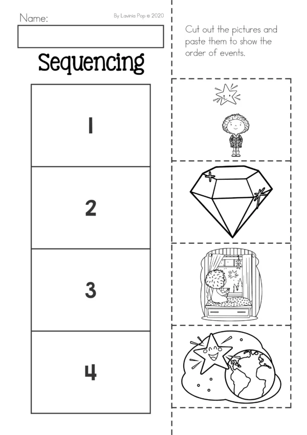 Twinkle Twinkle Little Star cut and paste sequencing worksheet with four picture boxes showing star, earth, diamond, and child to order events in the nursery rhyme