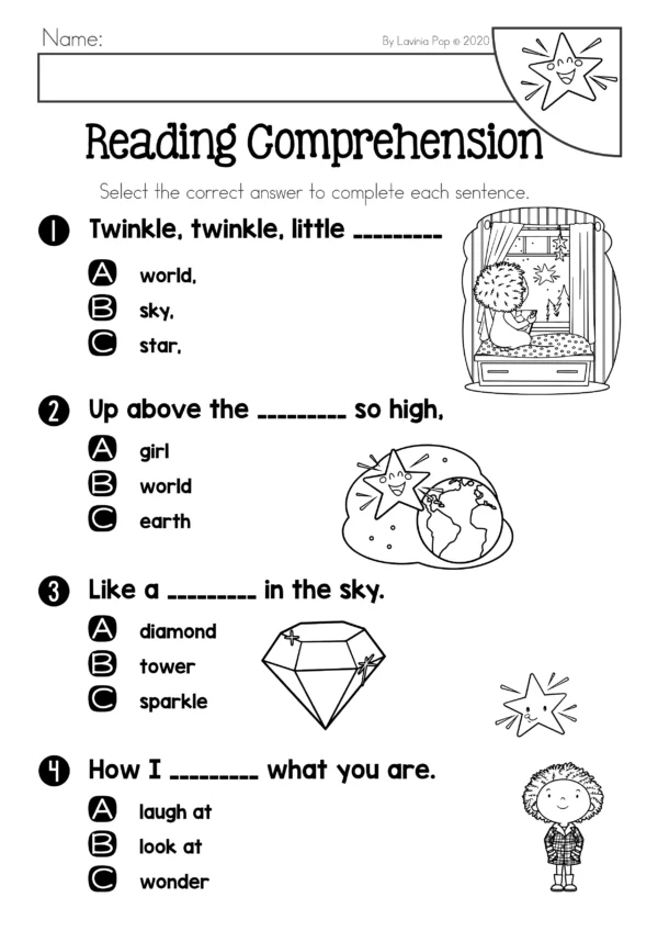 Twinkle Twinkle Little Star comprehension worksheet with multiple-choice questions and picture prompts to support preschool and kindergarten students