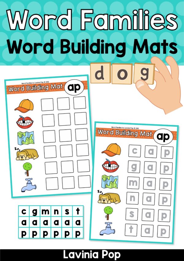 Word family word building mats with blank and completed versions for hands-on CVC word practice using magnetic letters or tiles