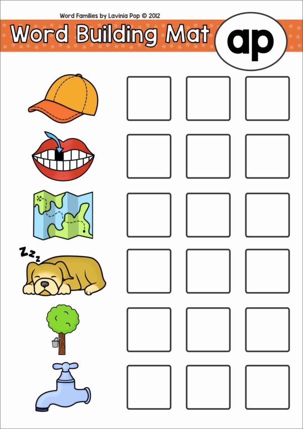AP word family mat with pictures for cap, map, nap, sap, tap, and gap, used for building and reading CVC words