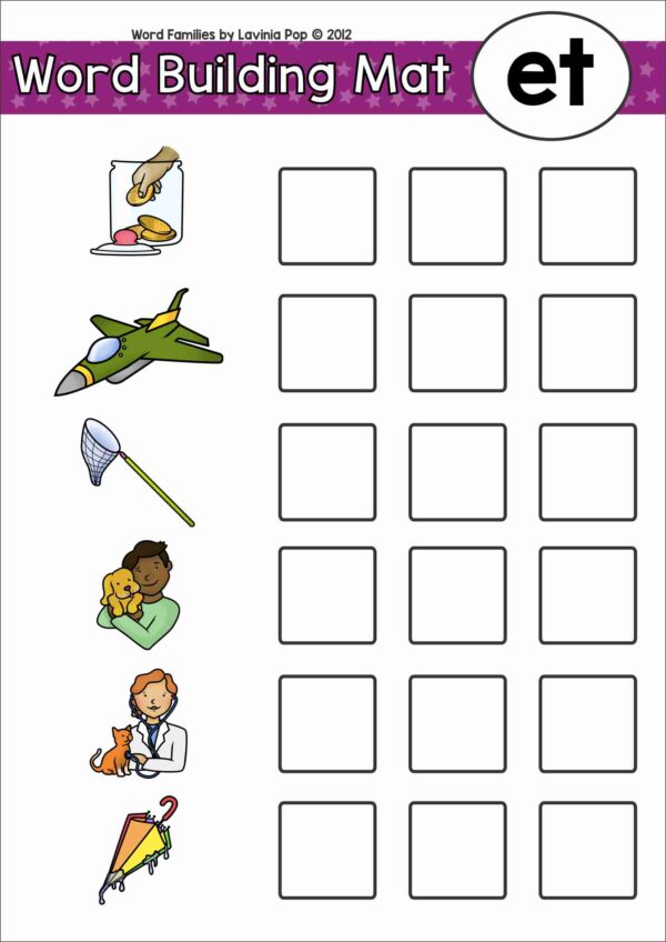 ET word family building mat for kindergarten phonics featuring pictures for jet, net, pet, vet, and wet
