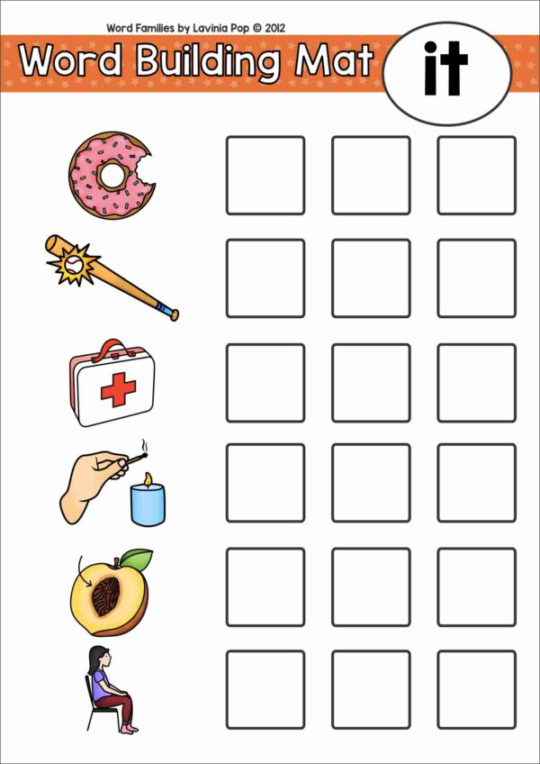 IT word family building mat with pictures for bit, hit, kit, lit, sit, and fit, designed for CVC phonics practice