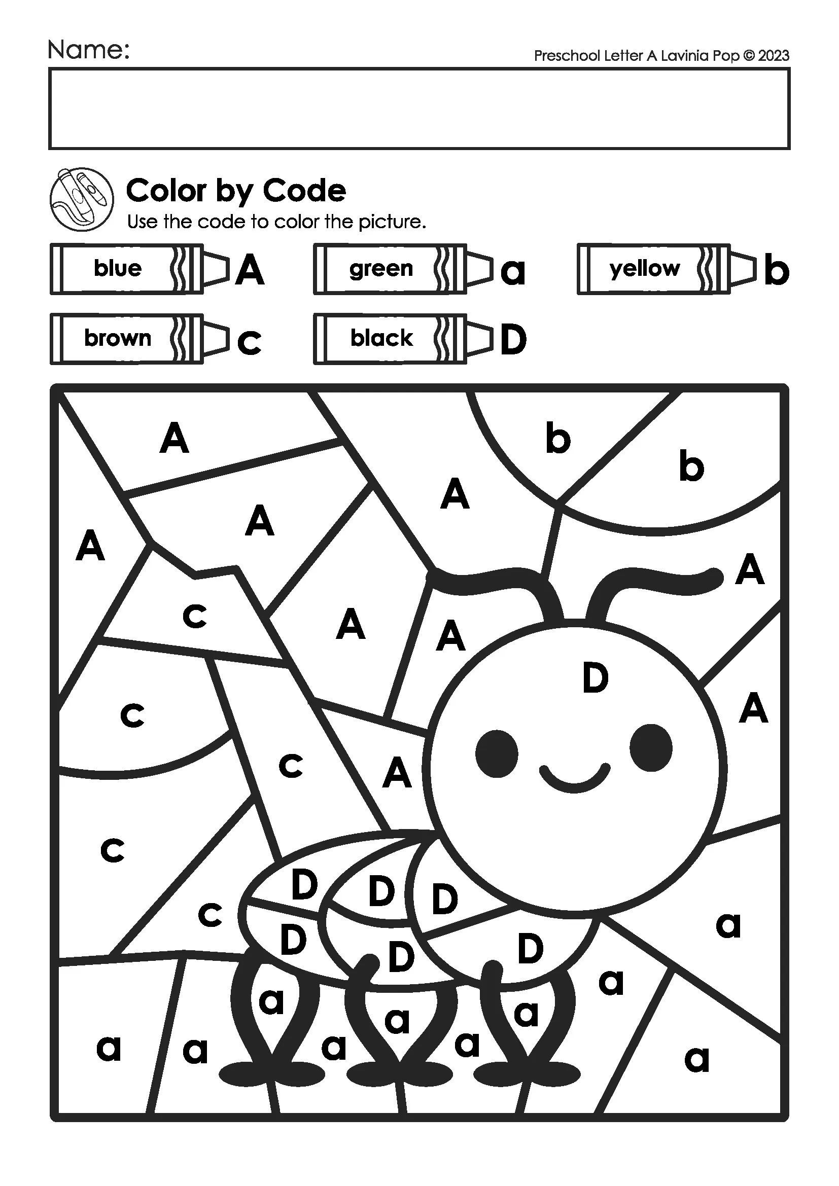 Alphabet Letter A Color by Code Worksheet for Preschool Letter A Color by Code worksheet with an ant picture for preschool alphabet letter recognition and coloring practice