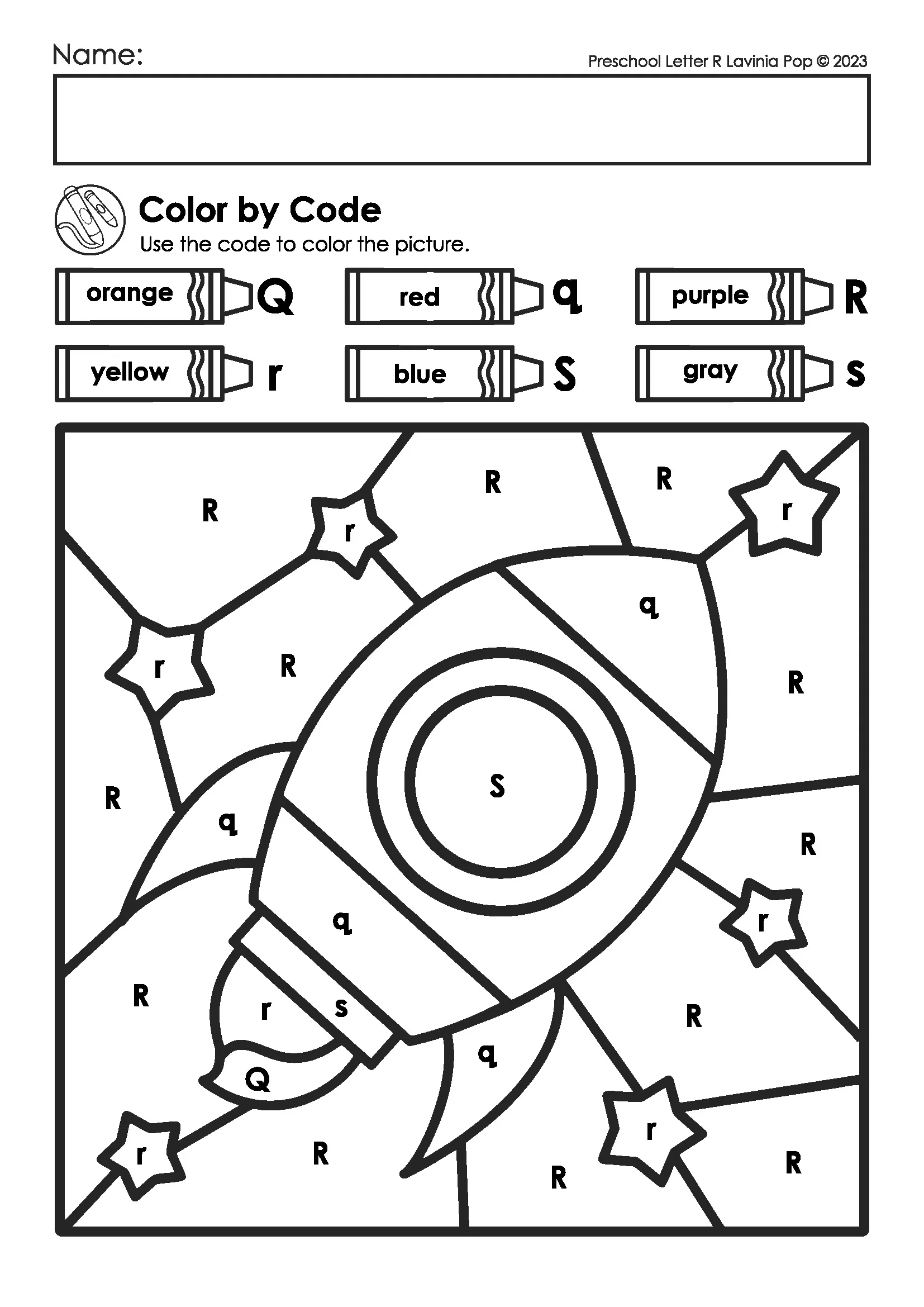 Alphabet Letter R Color by Code Worksheet for Preschool and Kindergarten Letter R Color by Code worksheet with a rocket picture for preschool and kindergarten alphabet letter recognition activity