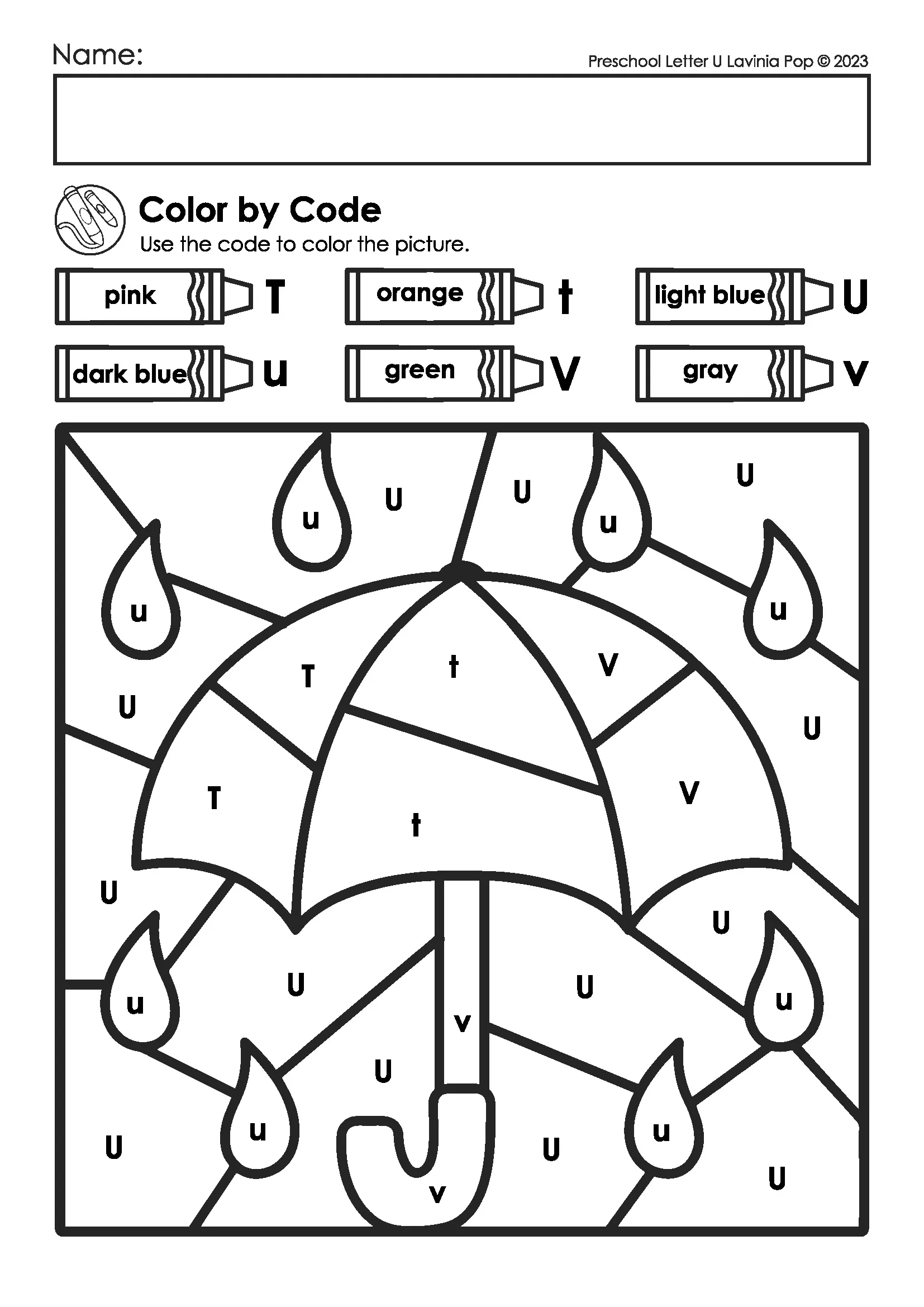 Alphabet Letter U Color by Code Worksheet for Preschool Letter U Color by Code worksheet featuring an umbrella and raindrops for preschool alphabet and color recognition