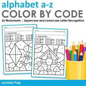 Alphabet Color by Code Worksheets showing uppercase and lowercase letter pages for preschool and kindergarten students with colored pencils