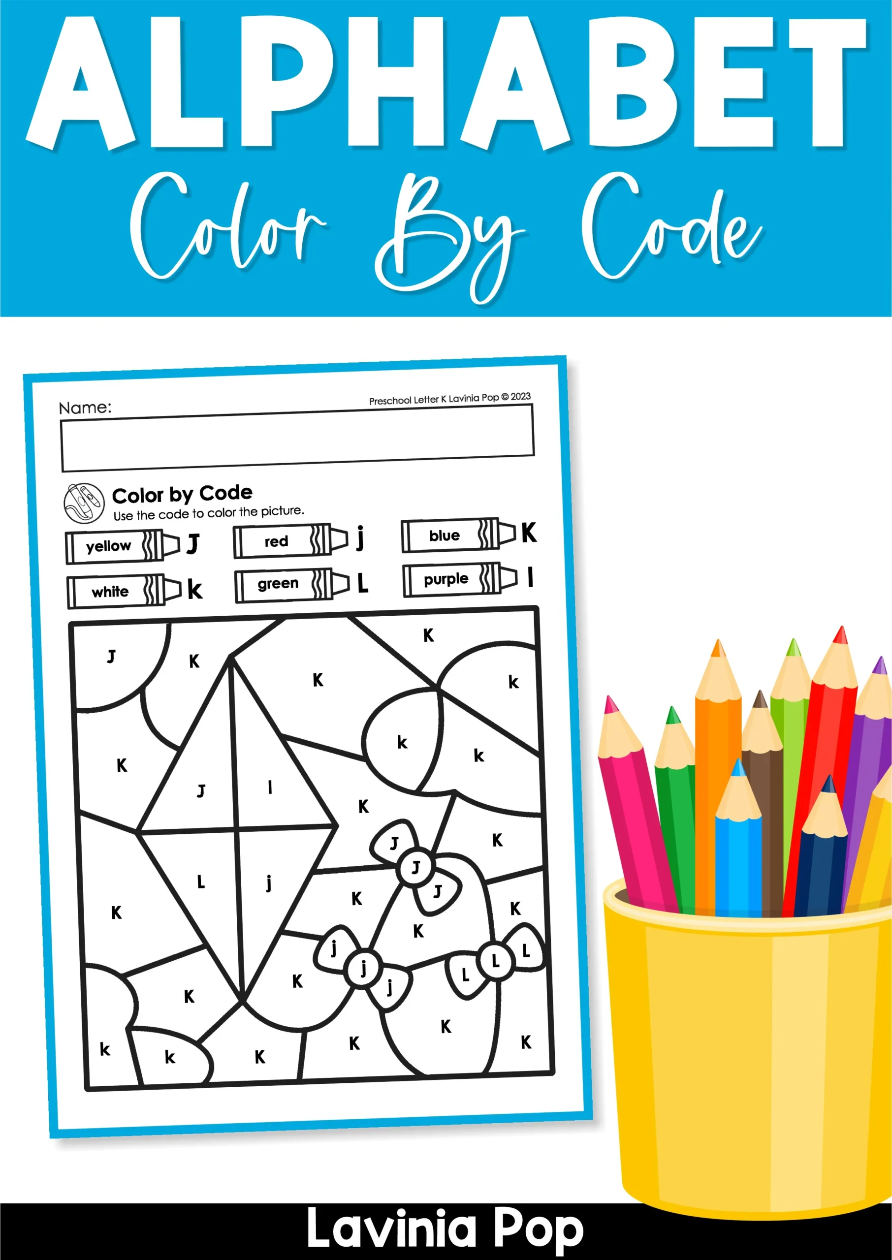 Alphabet Letter K Color by Code Worksheet for Kindergarten Letter K Color by Code worksheet with a kite picture for kindergarten alphabet practice and fine motor skill development
