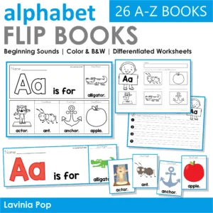 Alphabet Flip Books A–Z featuring letter A flip book with alligator, actor, ant, anchor, and apple images plus differentiated worksheets for tracing and writing sentences.