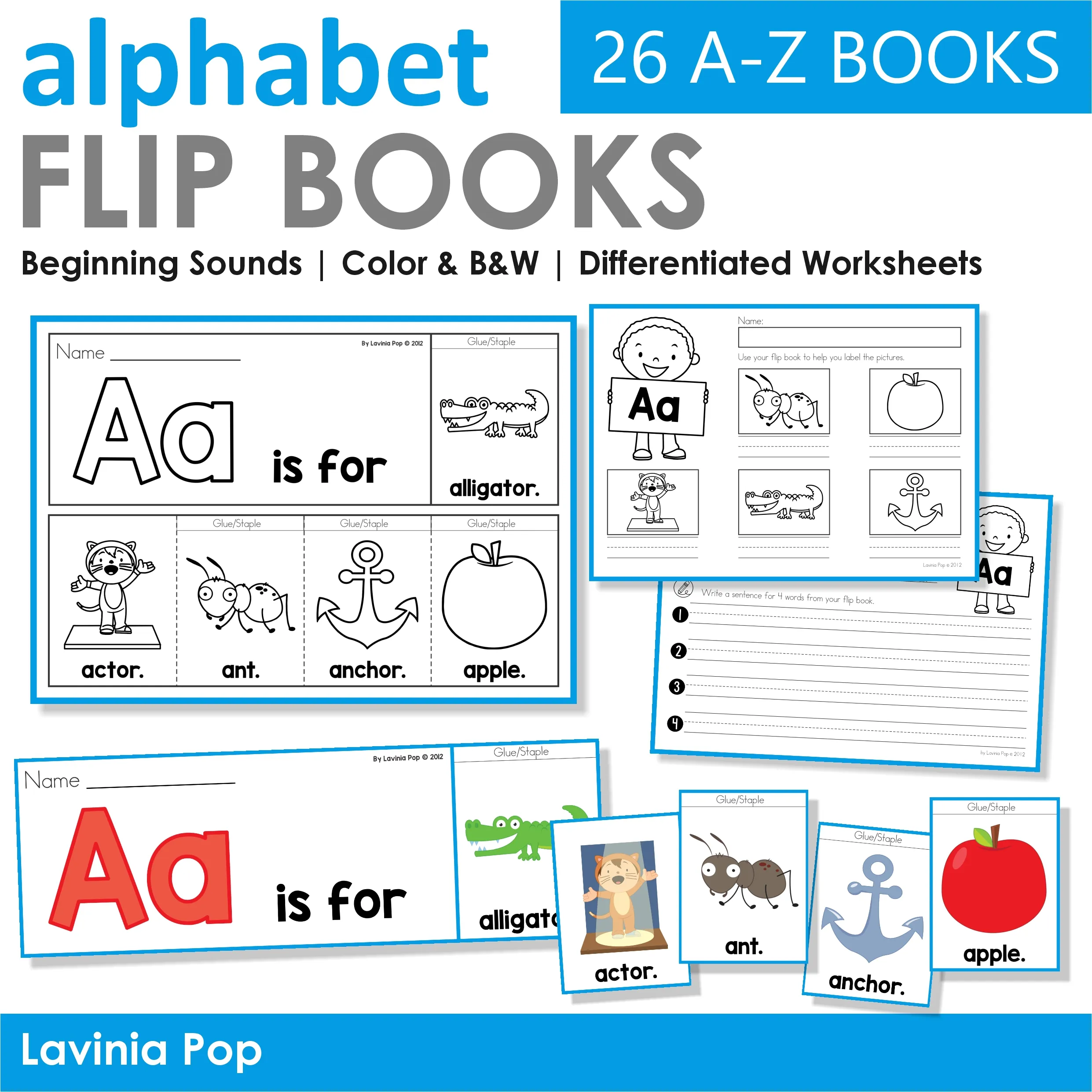Alphabet Flip Books A–Z | Beginning Sounds Printable Activities for Kindergarten Alphabet Flip Books A–Z featuring letter A flip book with alligator, actor, ant, anchor, and apple images plus differentiated worksheets for tracing and writing sentences.