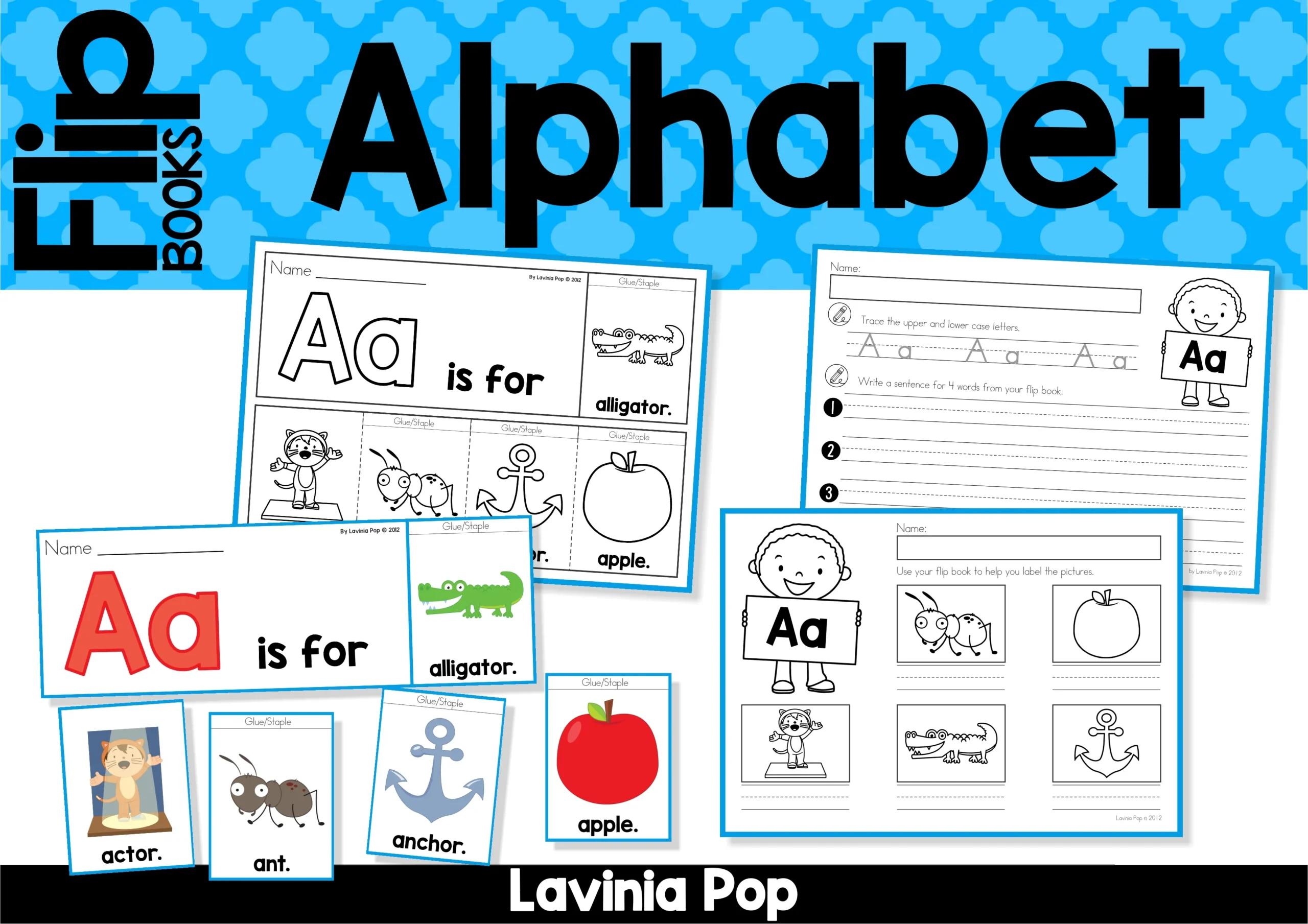 Alphabet Flip Books A–Z | Hands-On Phonics and Writing Practice Alphabet Flip Books for letter A showing color and blackline pages with writing worksheets and beginning sound picture cards for actor, ant, anchor, alligator, and apple.