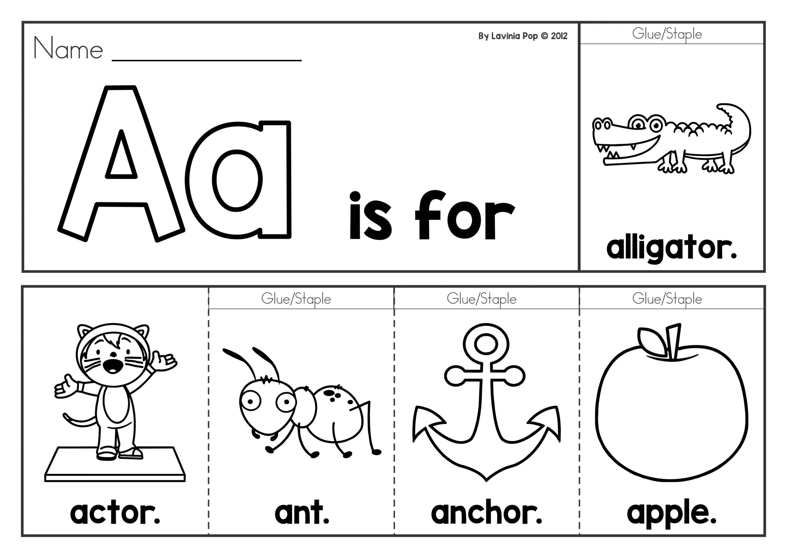 Letter A Flip Book | Alphabet Flip Books A–Z Beginning Sounds Printable letter A flip book page with Aa is for alligator, actor, ant, anchor, and apple for early learners to practice letter sounds and fine motor skills.