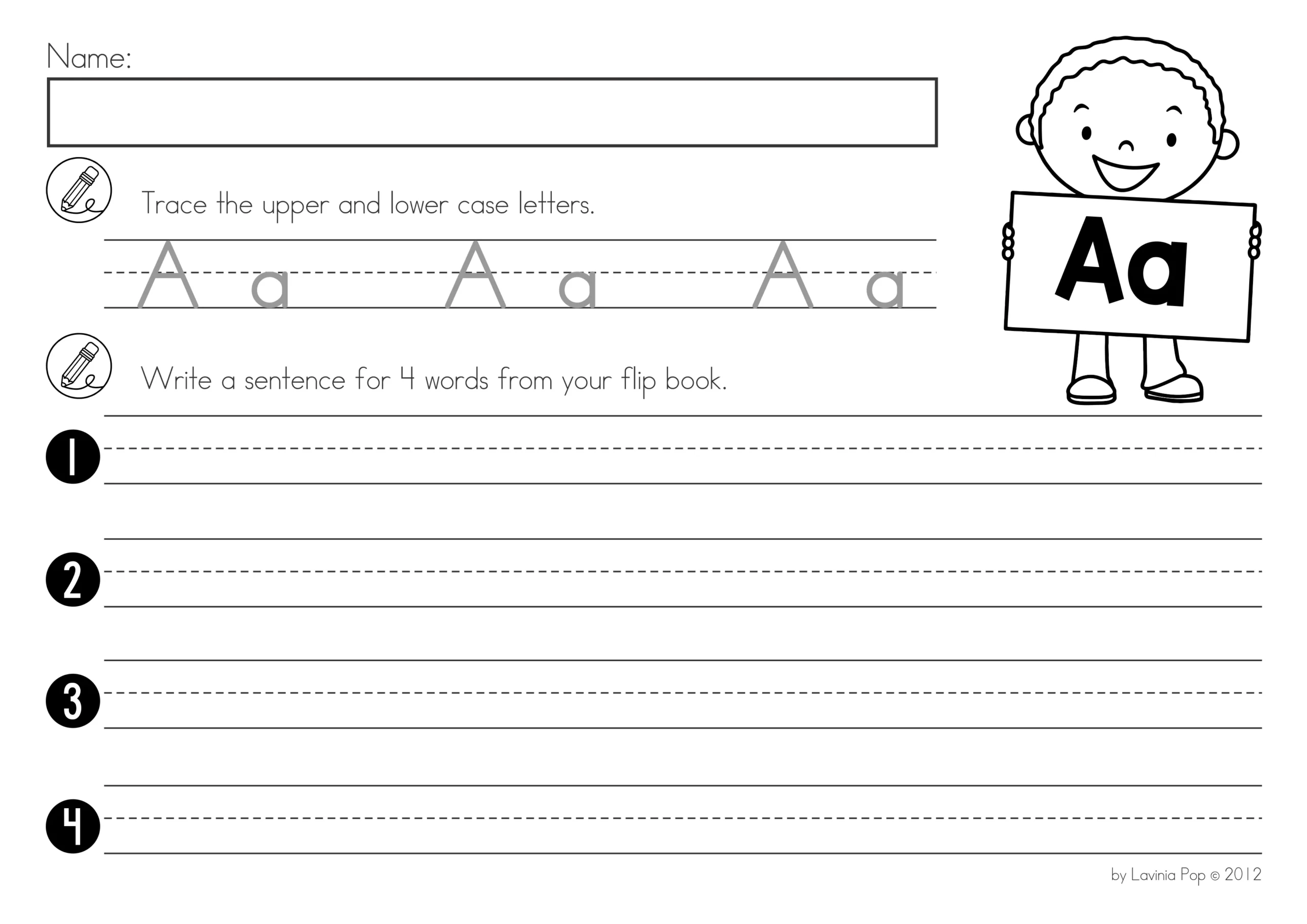 Alphabet Flip Books A–Z | Tracing and Sentence Writing Worksheets Alphabet Flip Books differentiated worksheet for tracing uppercase and lowercase Aa and writing four sentences using words from the letter A flip book.
