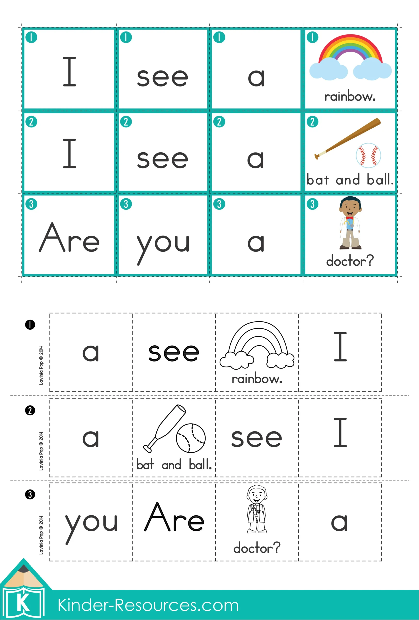 Sight Words Build a Sentence Center | Pre-Primer Sentences for Kindergarten and First Grade Kindergarten and first grade sight word activity where students build the sentence “I see a rainbow” using cut-and-paste word cards, write the sentence, and draw a picture to match.