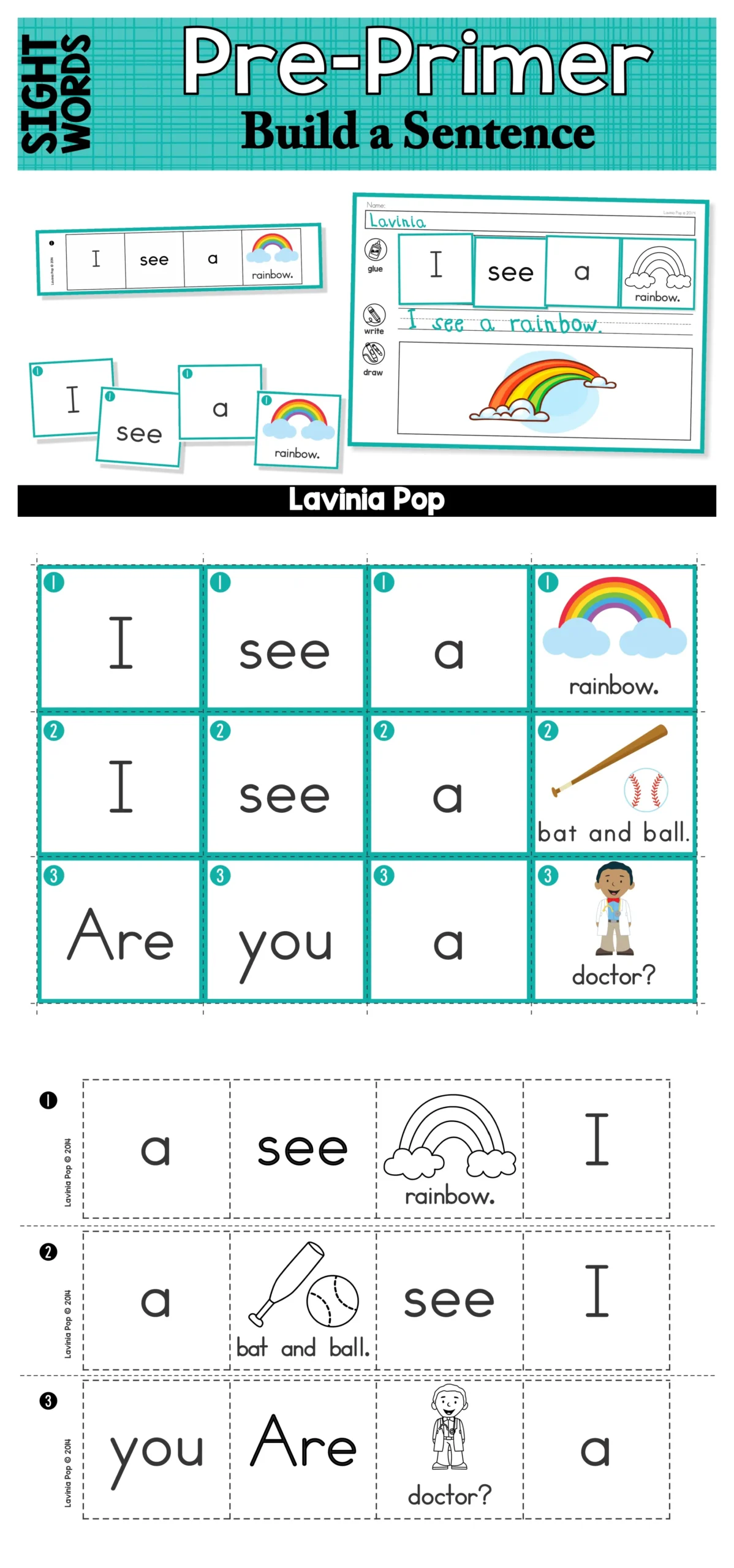 Pre-Primer Sight Words Sentence Building Activity | Hands-On Center for Kindergarten and Grade 1 Printable sight word sentence center with color and blackline word cards and worksheets for kindergarten and first grade students to build and write complete sentences.