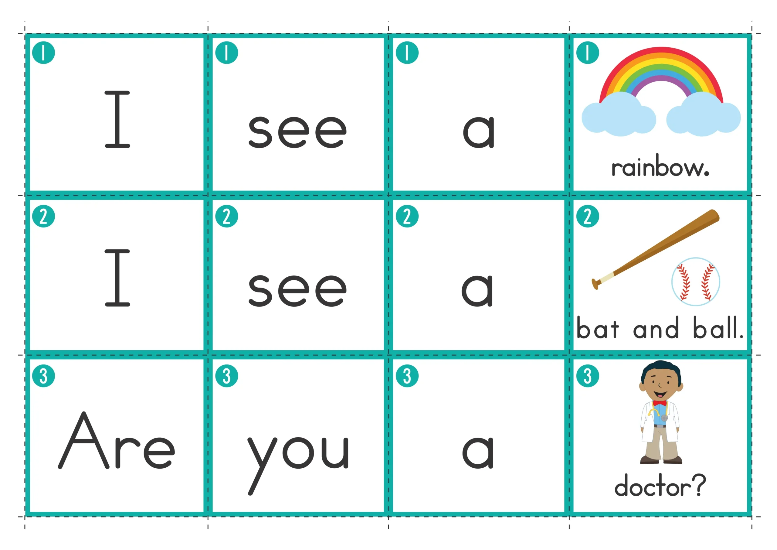 Sentence Building Cards for Kindergarten Sight Words | I See a Rainbow Printable Center Color sight word cards for “I see a rainbow,” “I see a bat and ball,” and “Are you a doctor?” used in kindergarten and first grade literacy centers for sentence building practice.